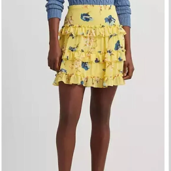 NEW Lauren Ralph Lauren Womens 8 Ruffled Mini skirt Yellow H695 - Picture 1 of 9